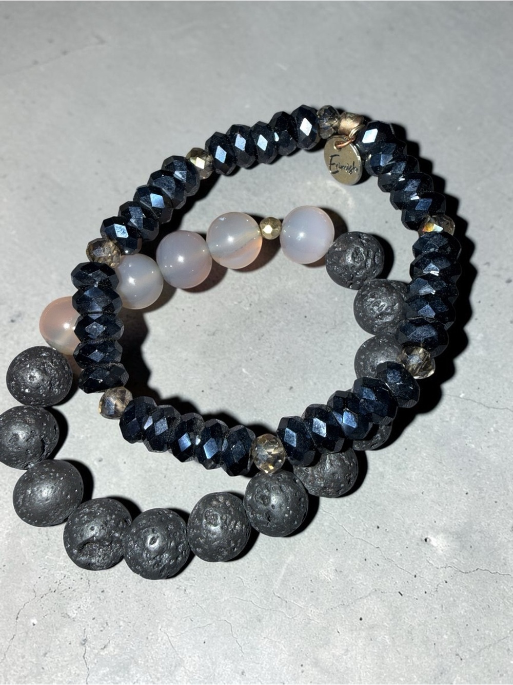 Erimish Beaded Stretch Bracelet Set (2) - Black, Opalite & Lava Stone Style